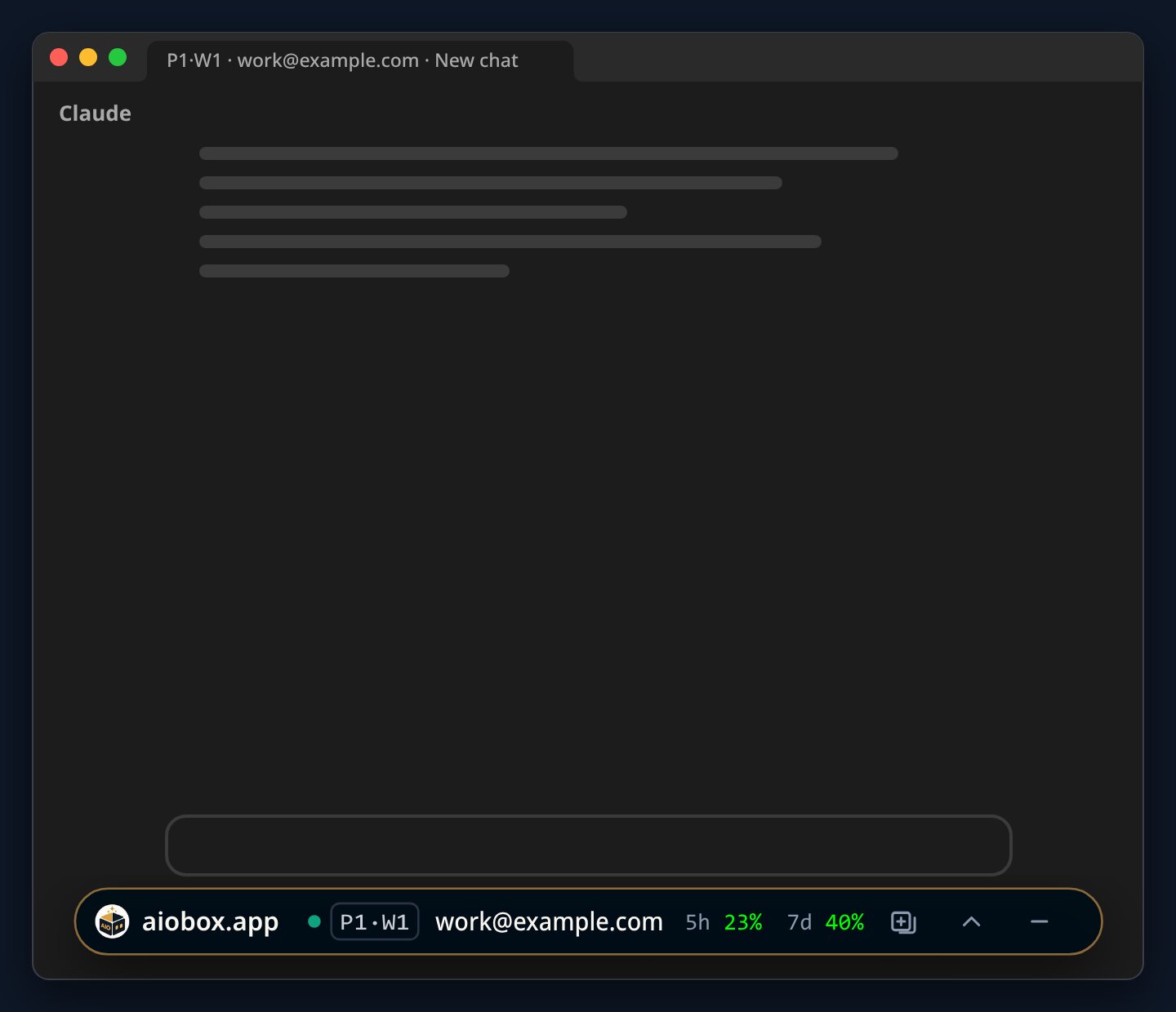 A Claude chat window, P1·W1, with the AIObox panel at its bottom: the handle, work@example.com and usage 23% of 5 hours and 40% of 7 days.